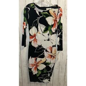 Joseph Ribkoff Womens 3/4 Sleeve Knee Length Sheath Dress Black Floral Size 2